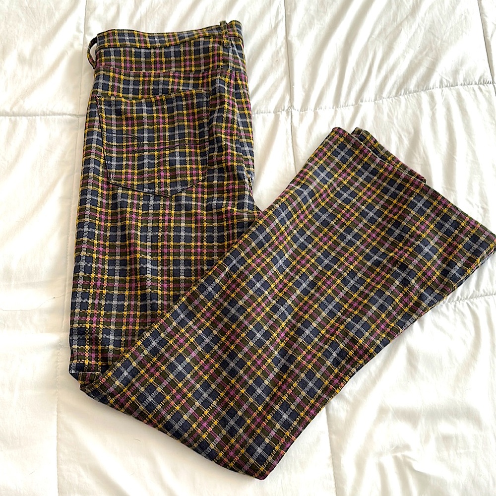 American Eagle High Rise Plaid Flare Pants Stretchy Knit